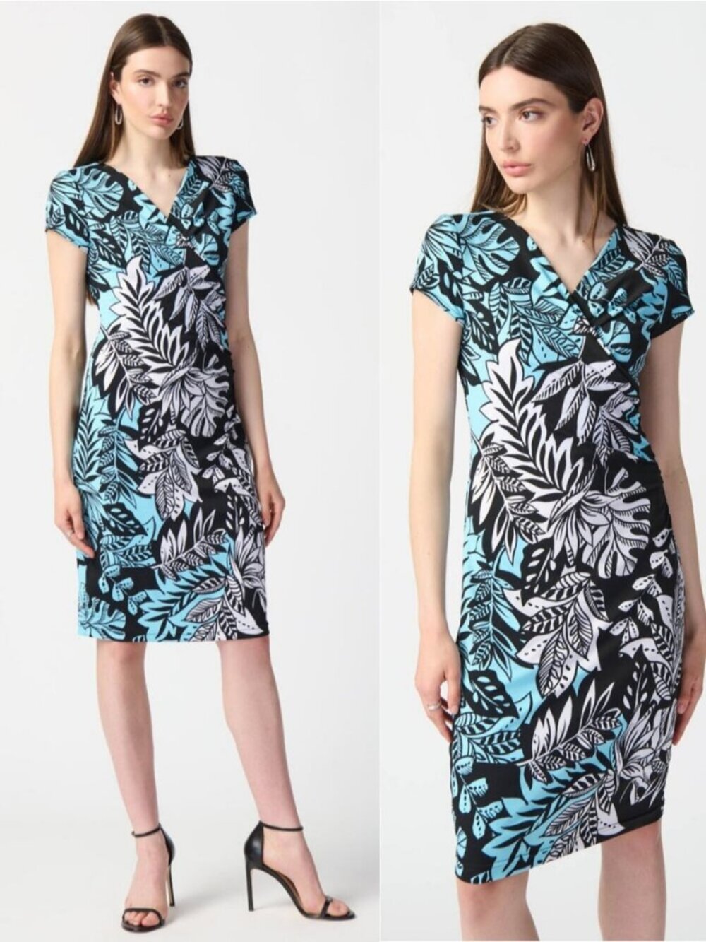 JOSEPH RIBKOFF Silky Knit Wrap Dress Sz 6 Black/Multi Tropical Print